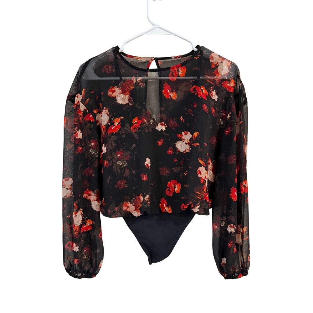 Wilfred Aritzia Talmont Sheer Chiffon Floral Bodysuit Black Women's Size XS